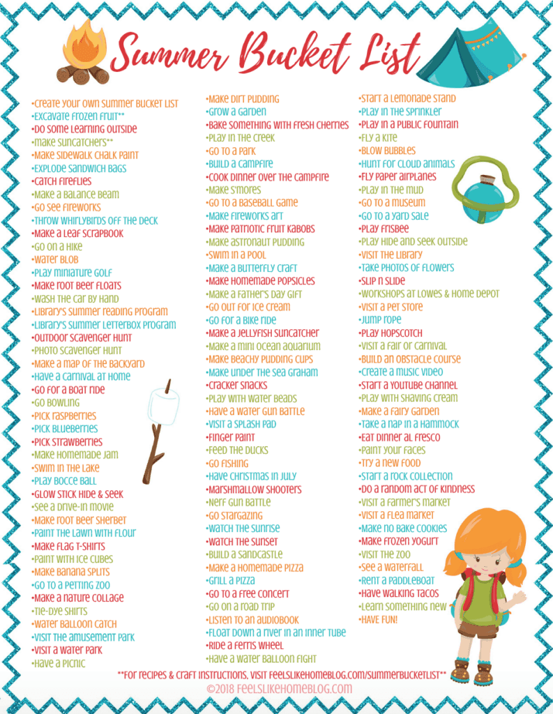 Summer bucket list - Over 100 ideas for kids, teens, families, and adults! Includes crafts, recipes, and lots of fun activities indoors and outdoors. Free printable.