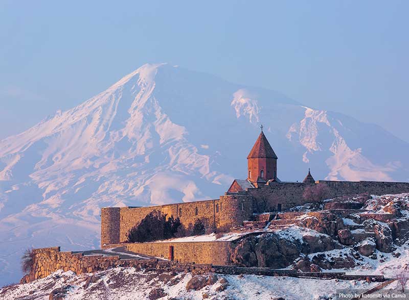 Ancient Armenian church Khor Virap with moutains in the background