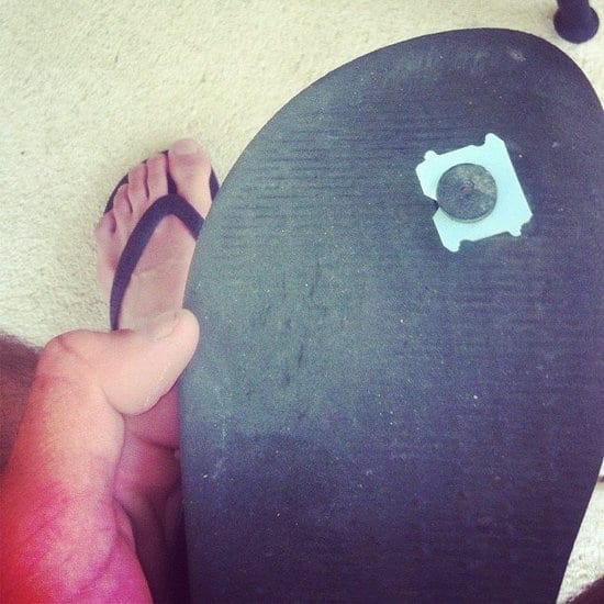 A bread tab on the bottom of a flip flop shoe