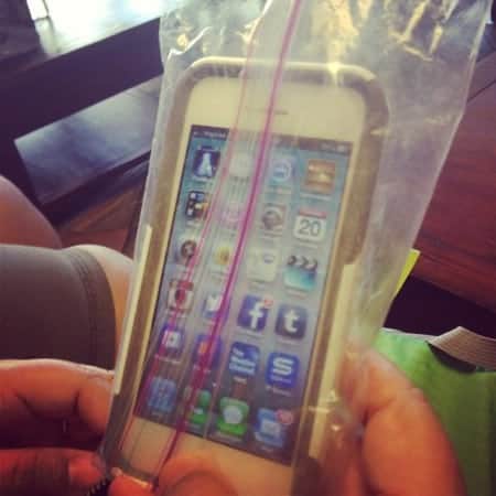 A cell phone in a zippered baggie